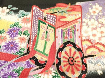 平和屋着物[]七五三　女の子　７歳　祝着　四つ身　袋帯セット　御所車花蝶文　暈し染め　黒地　金彩　洗える着物　DAAY3347ma