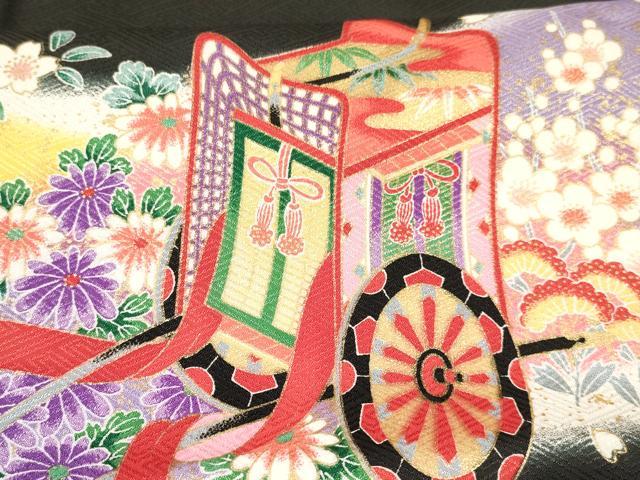 平和屋着物[]七五三　女の子　７歳　祝着　四つ身　袋帯セット　御所車花蝶文　暈し染め　黒地　金彩　洗える着物　DAAY3347ma