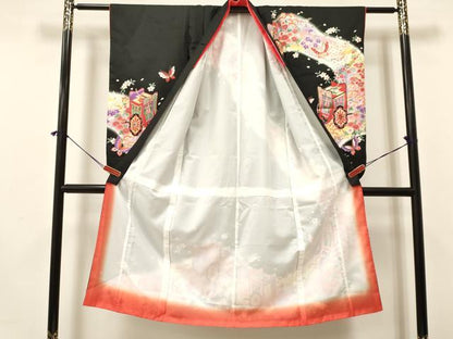 平和屋着物[]七五三　女の子　７歳　祝着　四つ身　袋帯セット　御所車花蝶文　暈し染め　黒地　金彩　洗える着物　DAAY3347ma