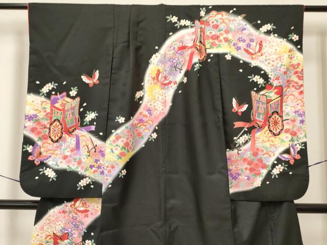 平和屋着物[]七五三　女の子　７歳　祝着　四つ身　袋帯セット　御所車花蝶文　暈し染め　黒地　金彩　洗える着物　DAAY3347ma