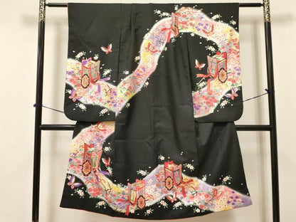 平和屋着物[]七五三　女の子　７歳　祝着　四つ身　袋帯セット　御所車花蝶文　暈し染め　黒地　金彩　洗える着物　DAAY3347ma