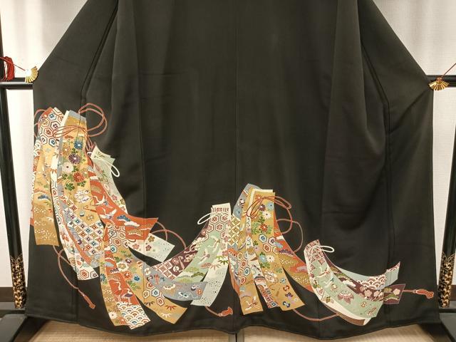 平和屋着物●豪華黒留袖 友禅 駒刺繍 熨斗花鳥文 黒地 正絹 逸品 AABD8519fy