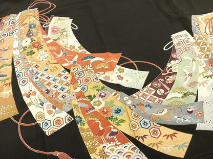平和屋着物●豪華黒留袖 友禅 駒刺繍 熨斗花鳥文 黒地 正絹 逸品 AABD8519fy