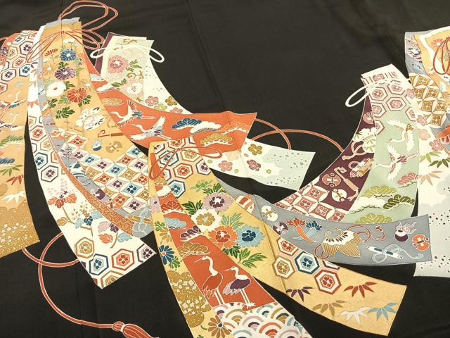 平和屋着物●豪華黒留袖 友禅 駒刺繍 熨斗花鳥文 黒地 正絹 逸品 AABD8519fy