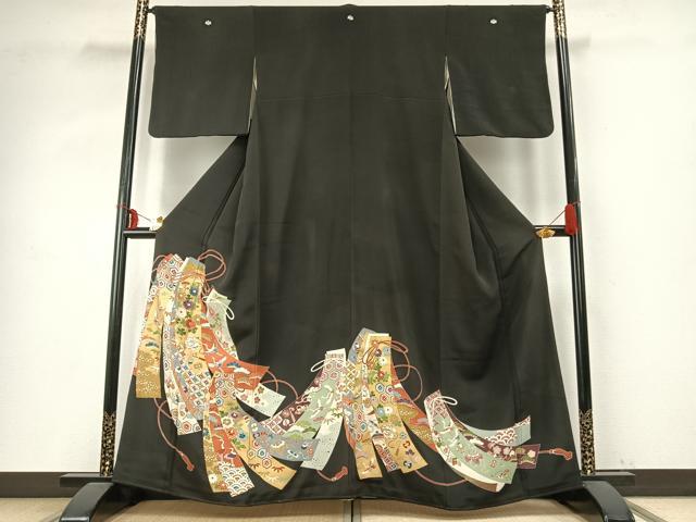 平和屋着物●豪華黒留袖 友禅 駒刺繍 熨斗花鳥文 黒地 正絹 逸品 AABD8519fy