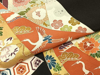 平和屋着物●豪華黒留袖 友禅 駒刺繍 熨斗花鳥文 黒地 正絹 逸品 AABD8519fy