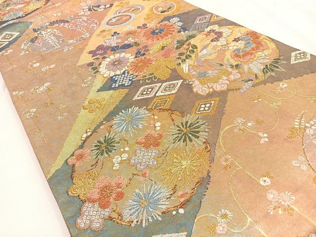 平和屋着物◎六通柄袋帯　唐織　松皮花の丸紋　金銀糸　引箔　正絹　逸品　BAAV2873hj