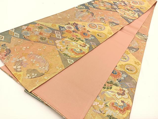 平和屋着物◎六通柄袋帯　唐織　松皮花の丸紋　金銀糸　引箔　正絹　逸品　BAAV2873hj