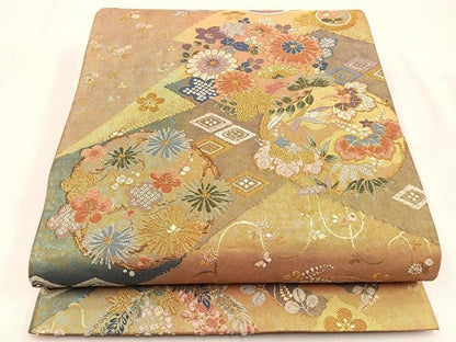 平和屋着物◎六通柄袋帯　唐織　松皮花の丸紋　金銀糸　引箔　正絹　逸品　BAAV2873hj
