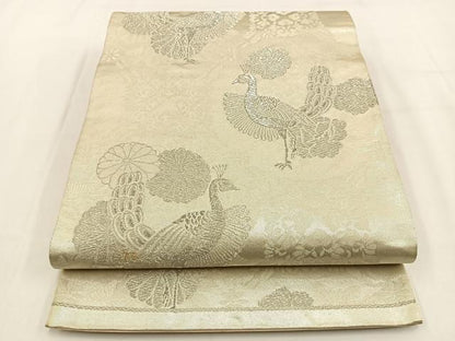 平和屋着物◎六通柄袋帯　孔雀　銀糸　正絹　逸品　BAAV2948hj