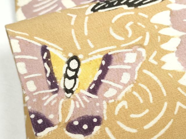平和屋着物●九寸名古屋帯　紬地　型染め　花蝶文　正絹　逸品　CABB0459hy