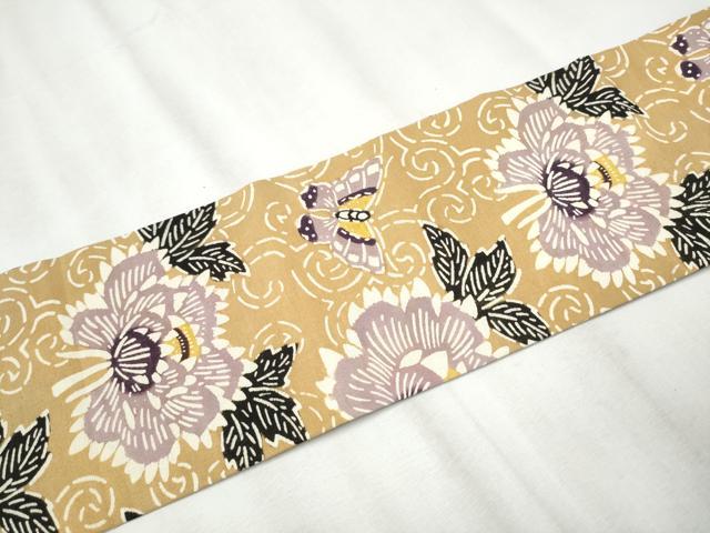 平和屋着物●九寸名古屋帯　紬地　型染め　花蝶文　正絹　逸品　CABB0459hy