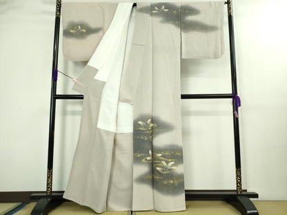 平和屋本店●極上　浦野理一　金彩友禅　訪問着　羊歯　灰桜色地　暈し染め　鬼しぼ縮緬　逸品　未使用　DZAA5017kh6