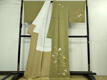 平和屋本店●極上　銀座　志ま亀　訪問着　吹寄せ文　黄海松茶色地　金彩　たとう紙付き　逸品　DZAA4872kh6