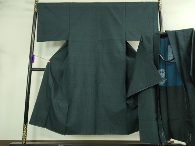 平和屋着物●極上 男性 髭紬 アンサンブル 長羽織 濃い鉄御納戸色 逸品 未使用 DZAB3414kh6