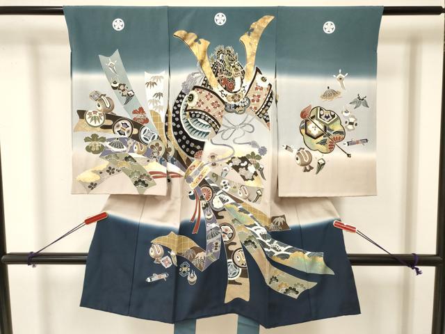 平和屋着物[]お宮参り　男の子　祝着　産着　初着　のしめ　駒刺繍　龍　兜　束ね熨斗吉祥文　暈し染め　金銀彩　逸品　DAAY3373ma