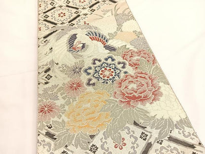 平和屋着物◎佐賀錦　両面　全通柄袋帯　鳳凰花文　銀糸　正絹　逸品　BAAV8903hv