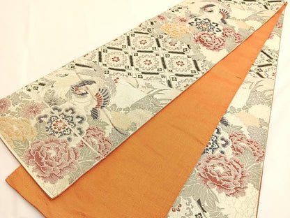 平和屋着物◎佐賀錦　両面　全通柄袋帯　鳳凰花文　銀糸　正絹　逸品　BAAV8903hv