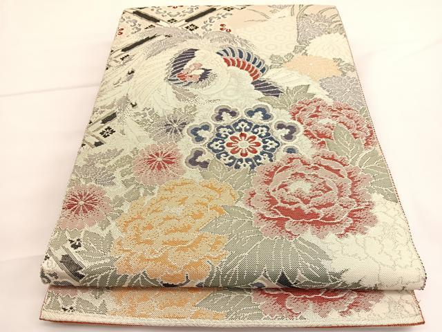 平和屋着物◎佐賀錦　両面　全通柄袋帯　鳳凰花文　銀糸　正絹　逸品　BAAV8903hv