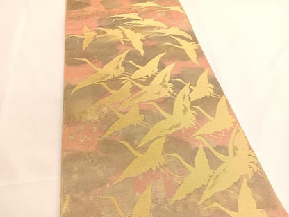 平和屋着物◎西陣　服部織物謹製　六通柄袋帯　こはく錦　飛鶴文　金糸　正絹　逸品　BAAV8895hv