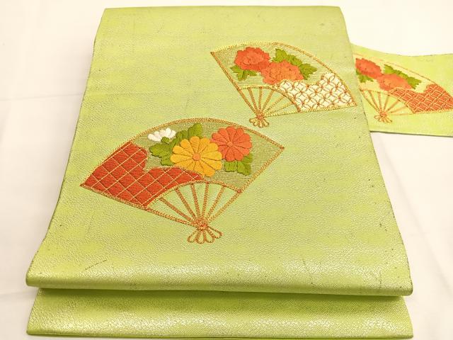 平和屋着物◎九寸名古屋帯 総刺繍 駒刺繍 扇面花文 正絹 逸品 BAAV8987hv