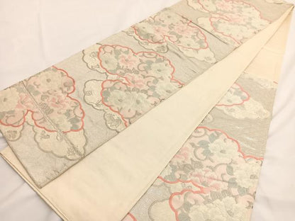 平和屋着物◎六通柄袋帯　唐織　雲取り花唐草文　銀糸　正絹　逸品　BAAV8975hv