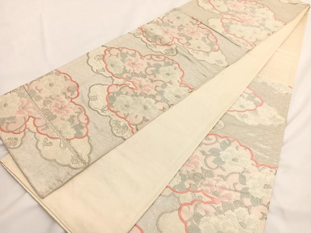 平和屋着物◎六通柄袋帯　唐織　雲取り花唐草文　銀糸　正絹　逸品　BAAV8975hv