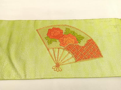 平和屋着物◎九寸名古屋帯 総刺繍 駒刺繍 扇面花文 正絹 逸品 BAAV8987hv