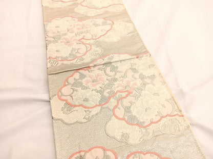 平和屋着物◎六通柄袋帯　唐織　雲取り花唐草文　銀糸　正絹　逸品　BAAV8975hv