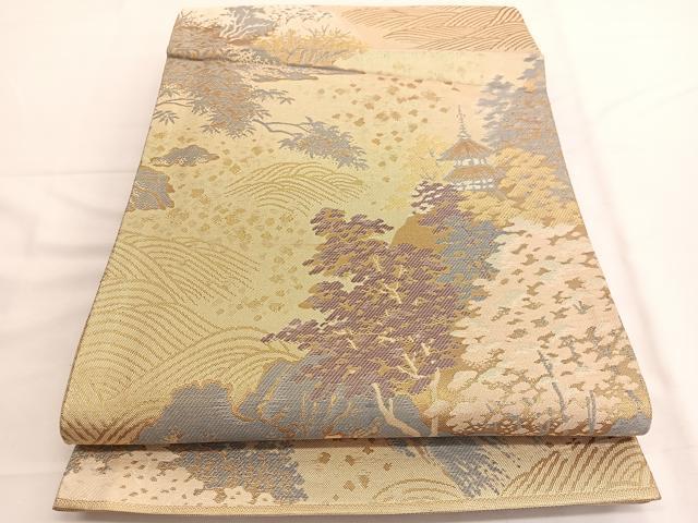 平和屋着物◎佐賀錦　六通柄袋帯　名所風景文　金糸　正絹　逸品　BAAV9458hv