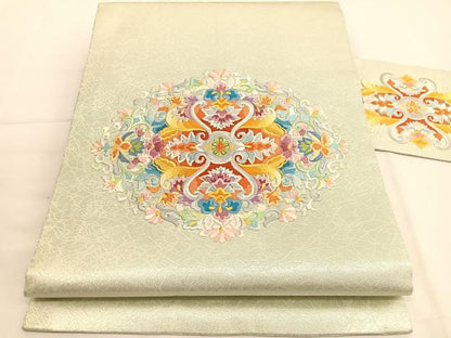 平和屋着物◎九寸名古屋帯　総刺繍　更紗飾花文　銀糸　正絹　逸品　BAAV9424hv