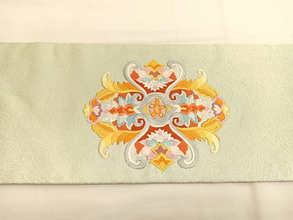 平和屋着物◎九寸名古屋帯　総刺繍　更紗飾花文　銀糸　正絹　逸品　BAAV9424hv