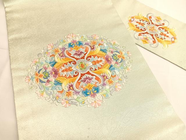 平和屋着物◎九寸名古屋帯　総刺繍　更紗飾花文　銀糸　正絹　逸品　BAAV9424hv