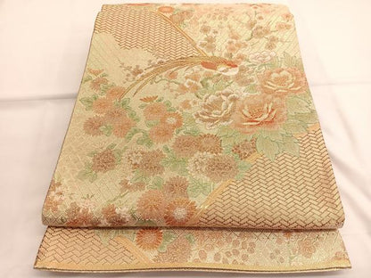 平和屋着物◎宝珠本佐賀錦　六通柄袋帯　尾長鳥籬花文　金糸　正絹　逸品　BAAV9480hv