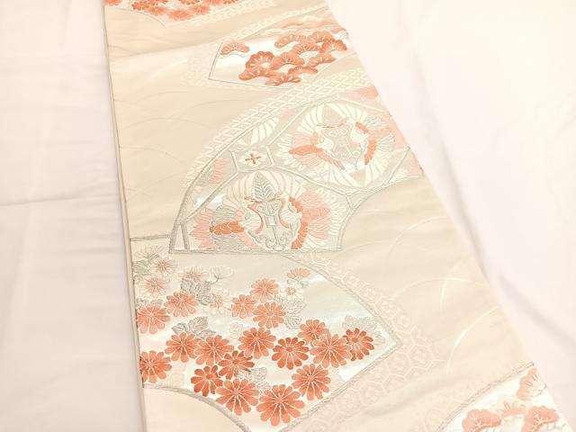 平和屋着物◎西陣 六通柄袋帯 唐織 地紙双鶴花文 銀糸 正絹 逸品 BAAV9496hv