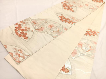 平和屋着物◎西陣 六通柄袋帯 唐織 地紙双鶴花文 銀糸 正絹 逸品 BAAV9496hv