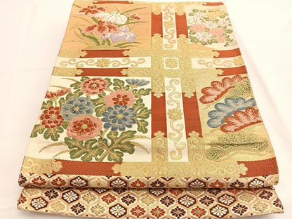 平和屋着物◎六通柄袋帯 唐織 格天井花文 金糸 正絹 逸品 BAAV9499hv