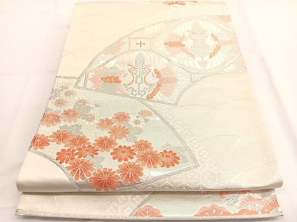 平和屋着物◎西陣 六通柄袋帯 唐織 地紙双鶴花文 銀糸 正絹 逸品 BAAV9496hv
