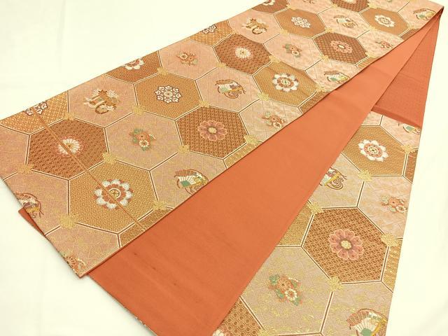 平和屋着物◎六通柄袋帯 扇面亀甲花文 金糸 正絹 逸品 BAAV9504hv