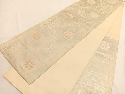平和屋着物◎西陣　服部織物謹製　六通柄袋帯　こはく錦　更紗花文　銀糸　正絹　逸品　BAAV9497hv
