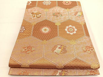 平和屋着物◎六通柄袋帯 扇面亀甲花文 金糸 正絹 逸品 BAAV9504hv
