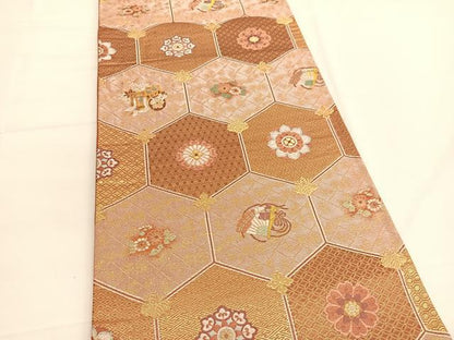 平和屋着物◎六通柄袋帯 扇面亀甲花文 金糸 正絹 逸品 BAAV9504hv