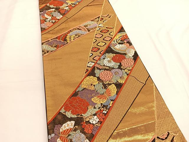 平和屋着物◎六通柄袋帯　唐織　花蝶竹文　金糸　正絹　逸品　BAAV9582hv