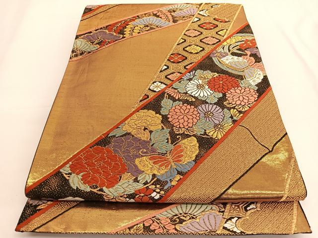 平和屋着物◎六通柄袋帯　唐織　花蝶竹文　金糸　正絹　逸品　BAAV9582hv