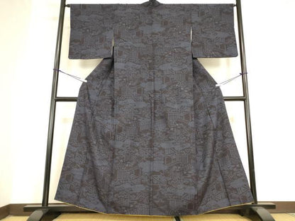 平和屋着物●結城紬　雲取り風景文　80亀甲　正絹　逸品　DAAY9659az
