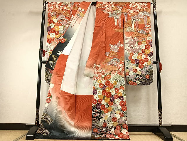 平和屋着物●豪華振袖　駒刺繍　舞花文　金彩　正絹　逸品　AABD8589fy 平和屋着物○豪華振袖 駒刺繍 舞花文 金彩 正絹 逸品 AABD8589fy