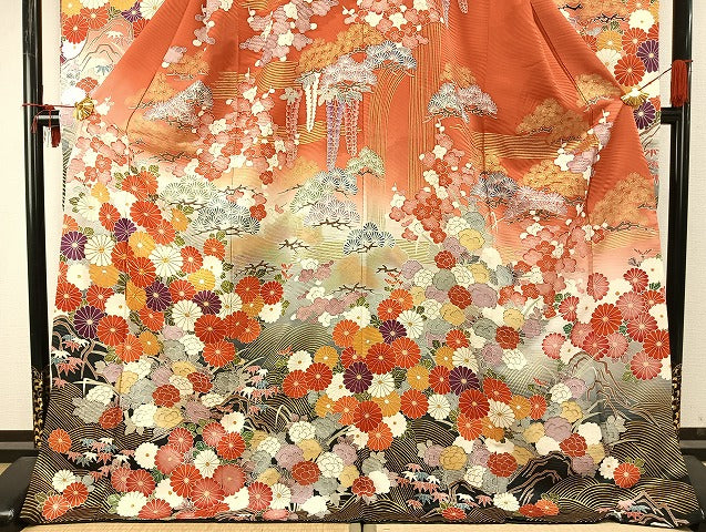 平和屋着物○豪華振袖 駒刺繍 舞花文 金彩 正絹 逸品 AABD8589fy