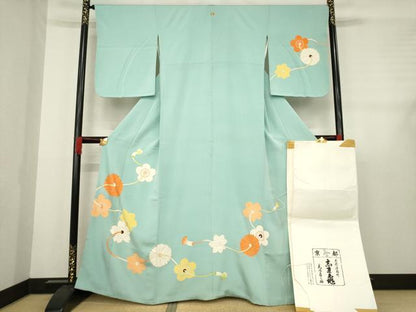 平和屋着物●銀座　志ま亀　訪問着　花繋ぎ　水浅葱色地　金彩　たとう紙付き　正絹　逸品　AABD9933ck