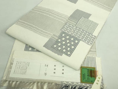 平和屋着物●極上　結城紬　奥順謹製　八寸名古屋帯　型紙捺染絣　型手彫：近藤恵貞　手捺染：中川主計　証紙付き　逸品　DZAB2677kh6