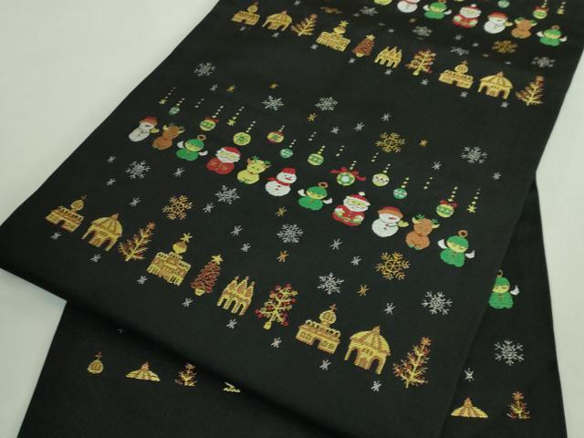 平和屋着物●極上 九寸名古屋帯 クリスマス サンタクロース トナカイ 雪だるま オーナメント 黒地 金銀糸 証紙付き 逸品 新品 DZAB2697kh6
